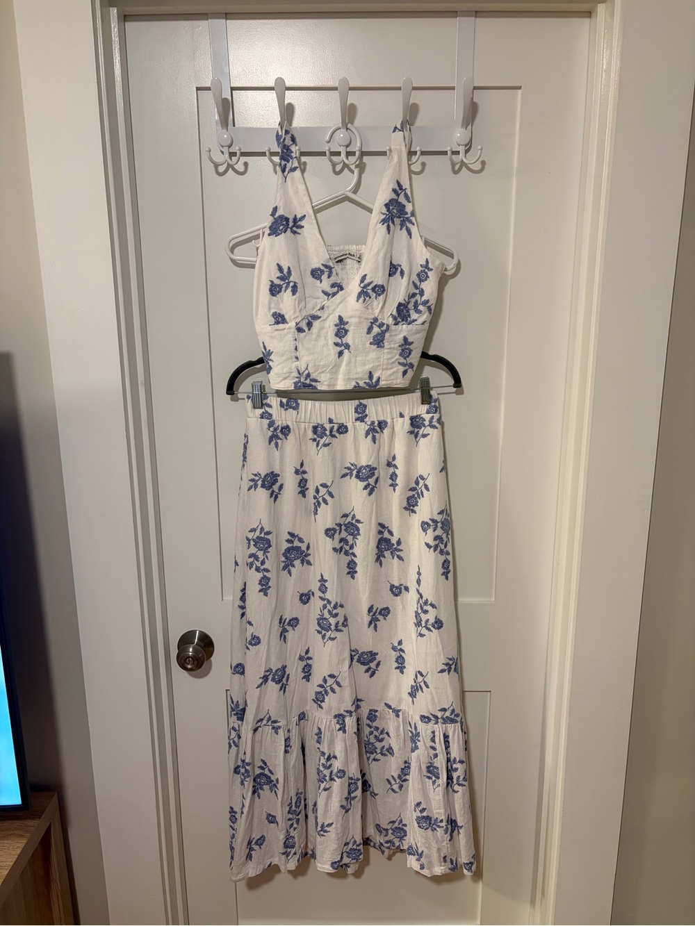 Abercrombie & Fitch White Maxi Skirt and Matching Top with Blue Floral Print